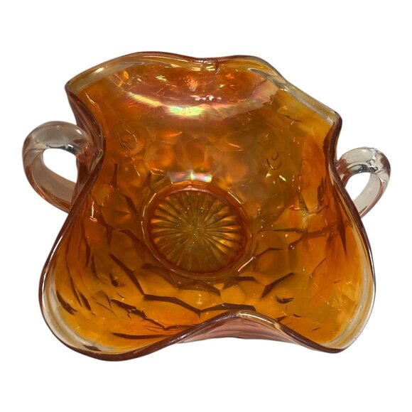 Vintage Iridescent Carnival Glass Style Dish with Clear Handles | Amber Ruffled - Picture 2 of 6